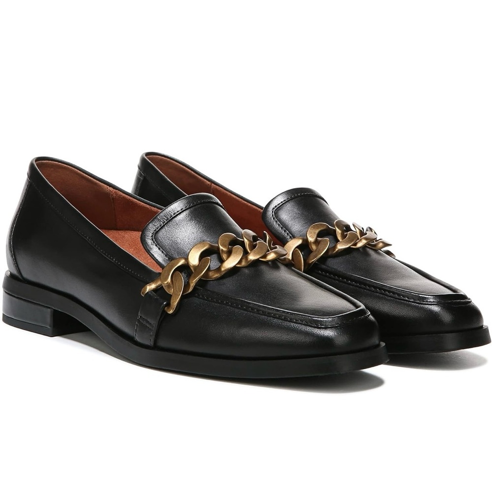 Vionic Mizelle Black Leather Loafers with Gold Chain